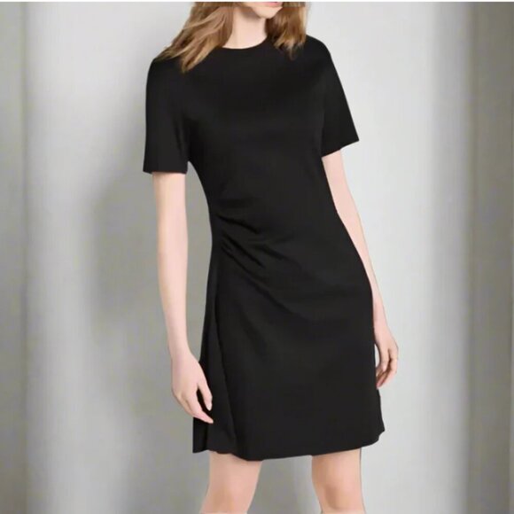 Theory Dresses & Skirts - Theory T Shirt Dress Large Black Short Sleeve Cotton Mini Side Drape Stretch